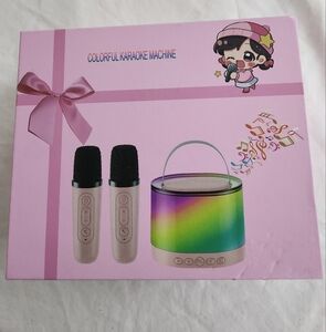 Mini Colorful Led Lights Karaoke Machine w 2 Wireless Microphones Pink NIB